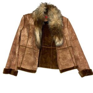 Anne Klein Women's Faux Fur Collar Suede Jacket Size Large Brown Tan